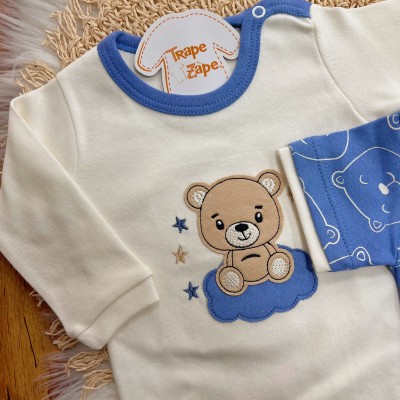 Conj. de Malha 3 peças - Bear Fofinho com Estrelinhas - Azul e Off White
